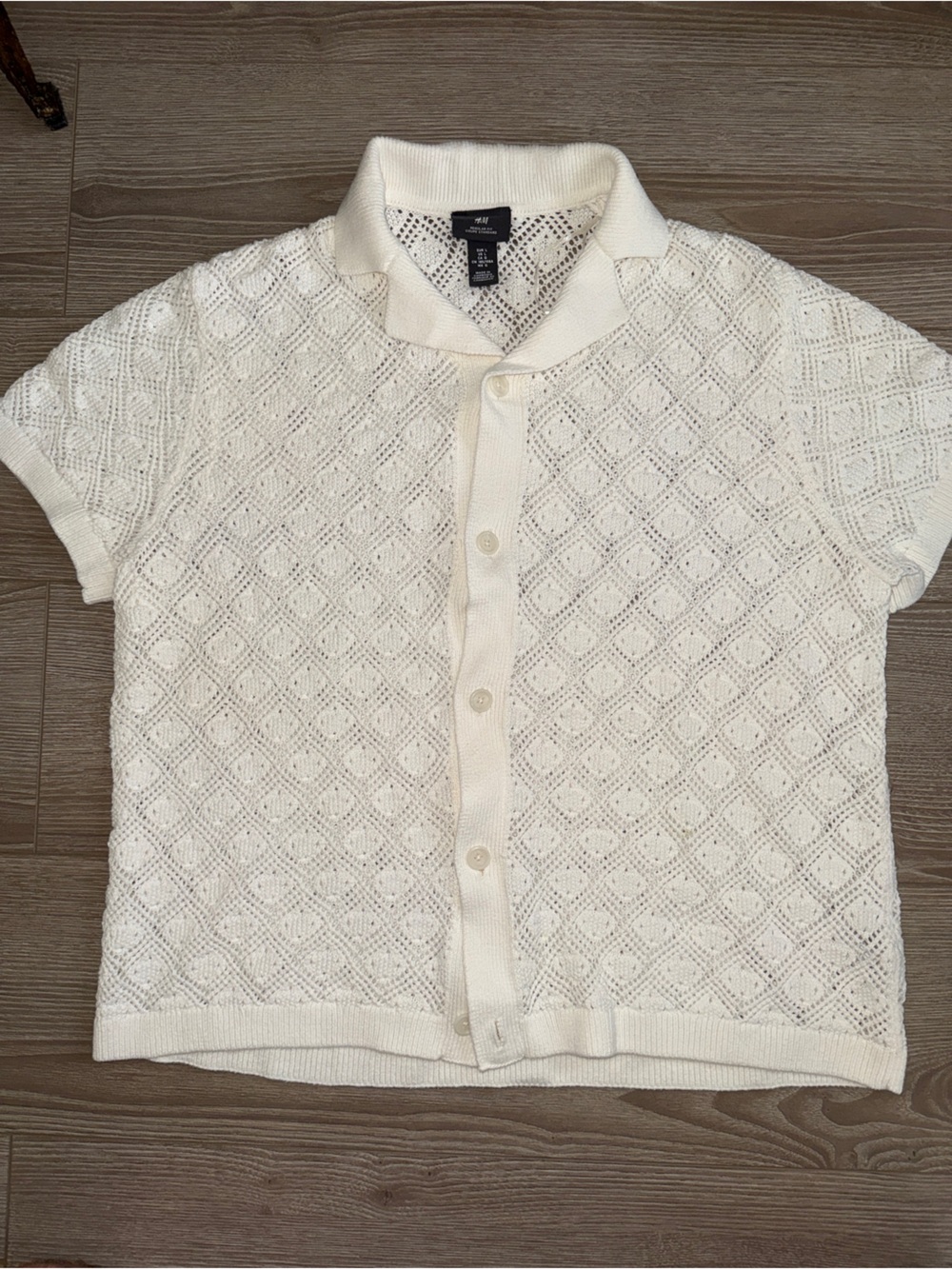 H&M Cream Short-Sleeve Knit Button-Up Top